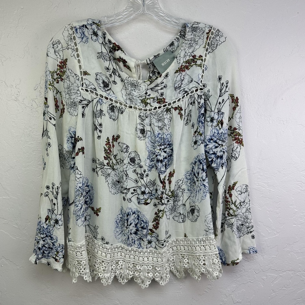 Maeve Blouse Womens Medium Boho Crochet Lace Trim Floral Long Sleeve Top